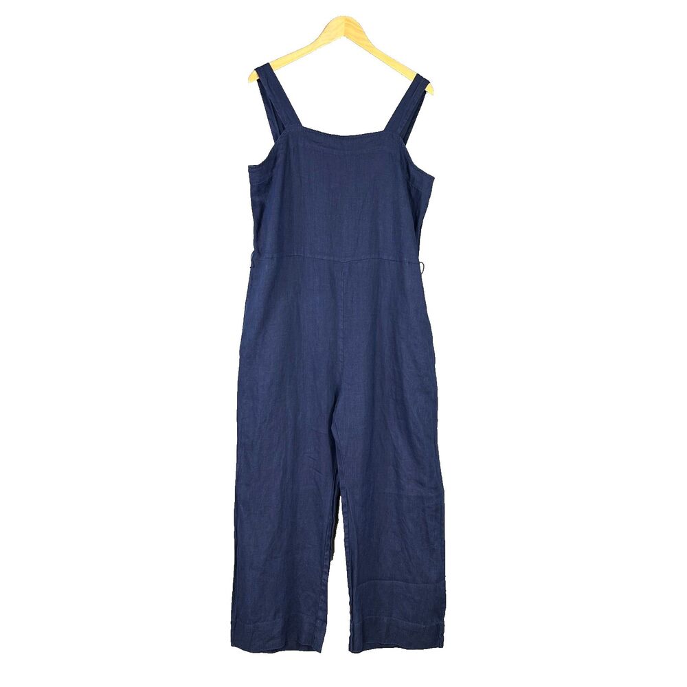 Quince Navy Blue Linen Sleeveless Jumpsuit Overalls Wide Leg Romper Womens Sz L